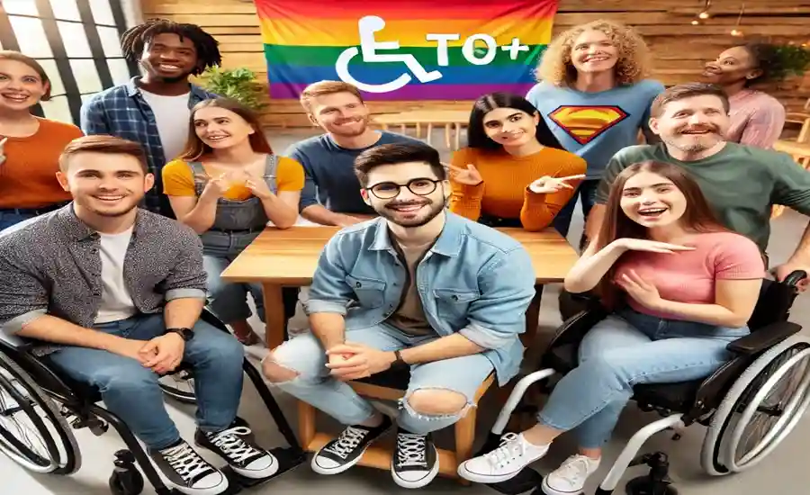 Diverse group of LGBTQ+ individuals with disabilities at a community event