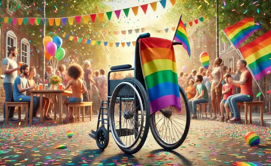 Wheelchair with a rainbow flag at an LGBTQ+ celebration event with diverse people in the background